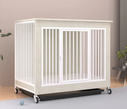 Reinforced Anti-Biting Dog Kennel Sturdy and Durable Wooden Round Pipe Dog Cage with Detachable Wheels Pet Bed