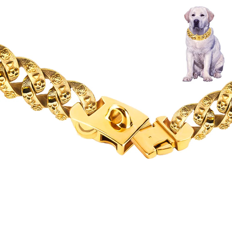 the ALPHALUX STEEL COLLAR - 32mm Gold Dog Collar - Stainless Steel Metal - Pet Choker Lead for Medium/Large Dogs, Pet Accessories, Labrador, Rottweiler