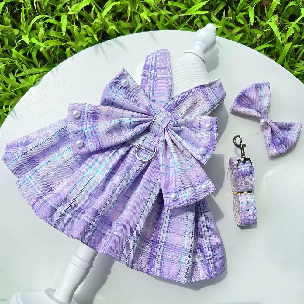 Pet Dog Cat JK Dresses Strap Bow Tie Harness Leash Dog Clothing Skirt Cat Pet Clothing Cosplay Christmas Checker Clothes