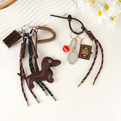 Trendy Gift Cute Sausage Dog Keychain Leather Woven Rope Anti-Lost Luggage Tag Car Bag Charm Men Women Fashion Accessories Gifts