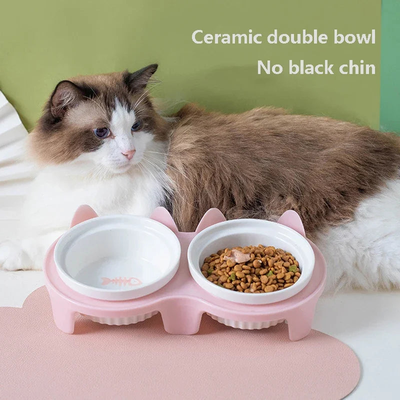 Cat Bowl Ceramic Double Bowl Water Bowl Cervical Protection High Foot Diagonal Cat Food Pot Drinking Pet Dish Pet Supplies