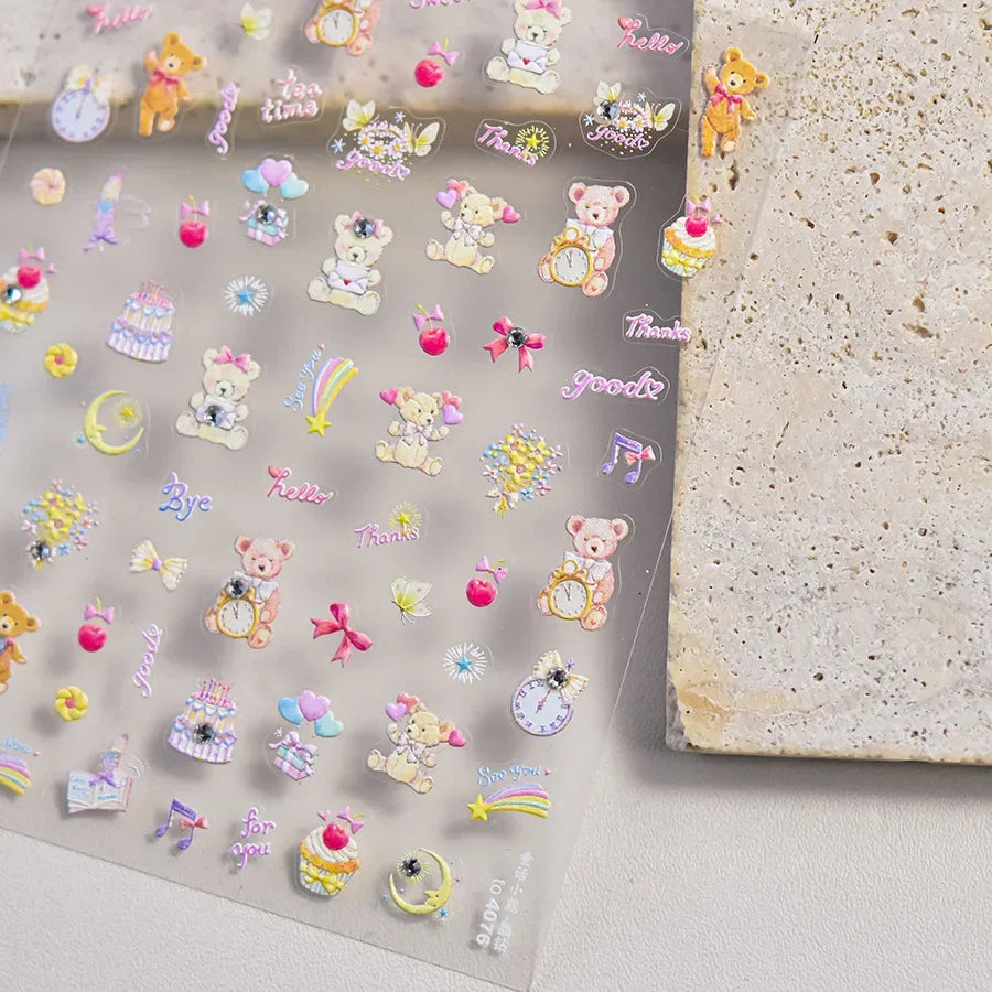 Graffiti Cat Claw Rabbit Bunny Bear Dog Flower Lovely Animal Fruit Dim Sum Candy Sunflower Adhesive 5D Nail Art Stickers Decal