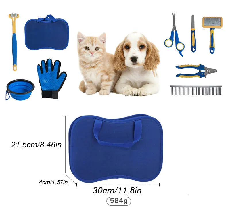 the GROOMING & BEAUTY KIT - 8PCS Complete Grooming Pet Brush Beauty Kit, Cleaning Brush Storage Bag, Dogs Nail Clipper - Flea Comb Cat Hair Removal Brush Kits