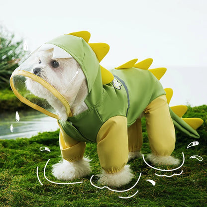 the DINO-DOG - Cute Dinosaur Raincoat Leashable Bichon Frise Four Legs Waterproof Clothes, Pet Rain Reflective Hoodie