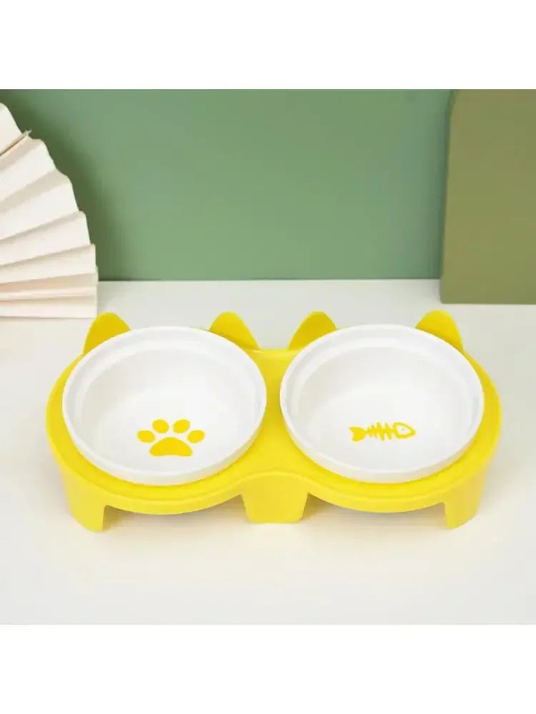 Cat Bowl Ceramic Double Bowl Water Bowl Cervical Protection High Foot Diagonal Cat Food Pot Drinking Pet Dish Pet Supplies
