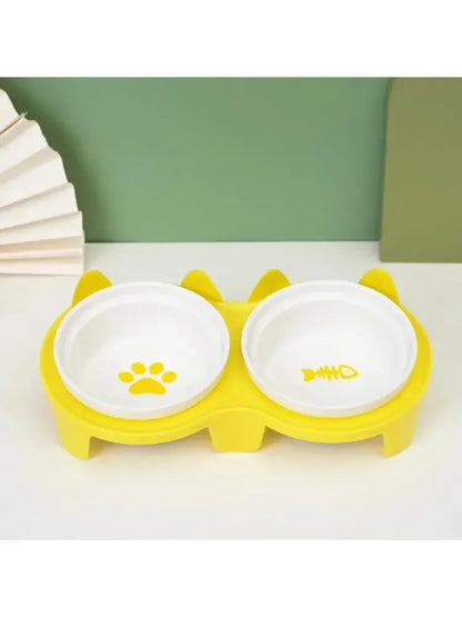 Cat Bowl Ceramic Double Bowl Water Bowl Cervical Protection High Foot Diagonal Cat Food Pot Drinking Pet Dish Pet Supplies