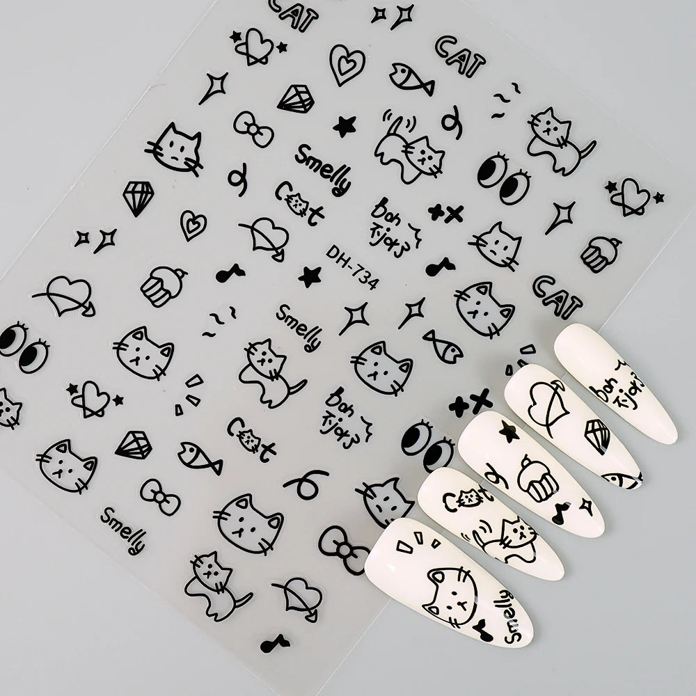 3D Flat Cute Cartoon Nail Stickers Doodle Cat Dog Heart Star Flower Nail Art Stickers Women DIY Manicure Decoration Decals