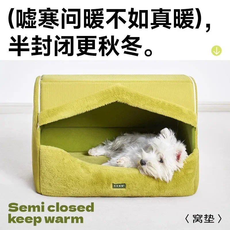 Dog Bed for Warmth in Winter, A Small Dog for A Sense of Security, and A Warm Dog House in Winter