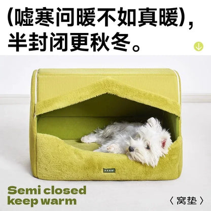 Dog Bed for Warmth in Winter, A Small Dog for A Sense of Security, and A Warm Dog House in Winter