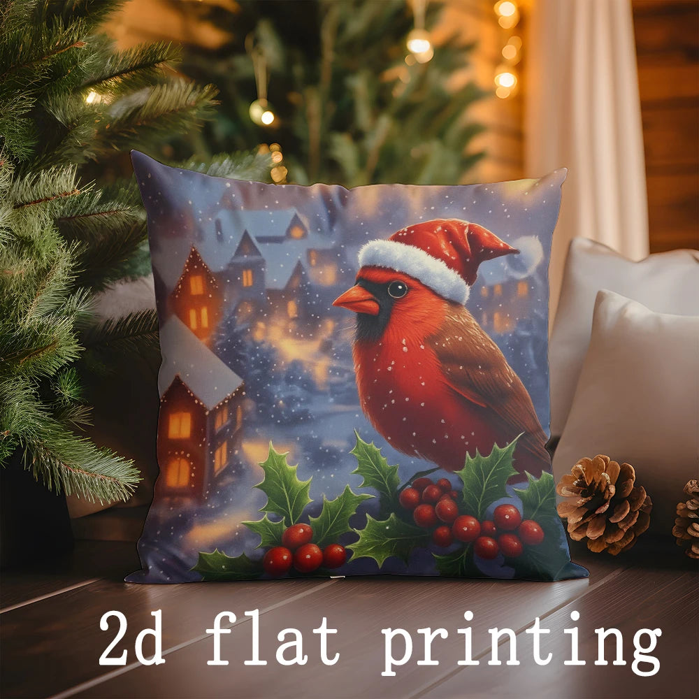 Home Decor Christmas Scenes: Dog, Bird, Cabin Pillow Covers Pattern Cushion Cover Suitable for Sofa Bedroom Car Pillow Cover