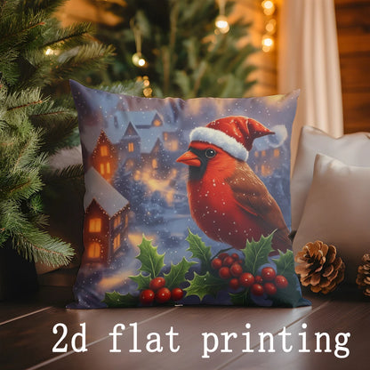 Home Decor Christmas Scenes: Dog, Bird, Cabin Pillow Covers Pattern Cushion Cover Suitable for Sofa Bedroom Car Pillow Cover