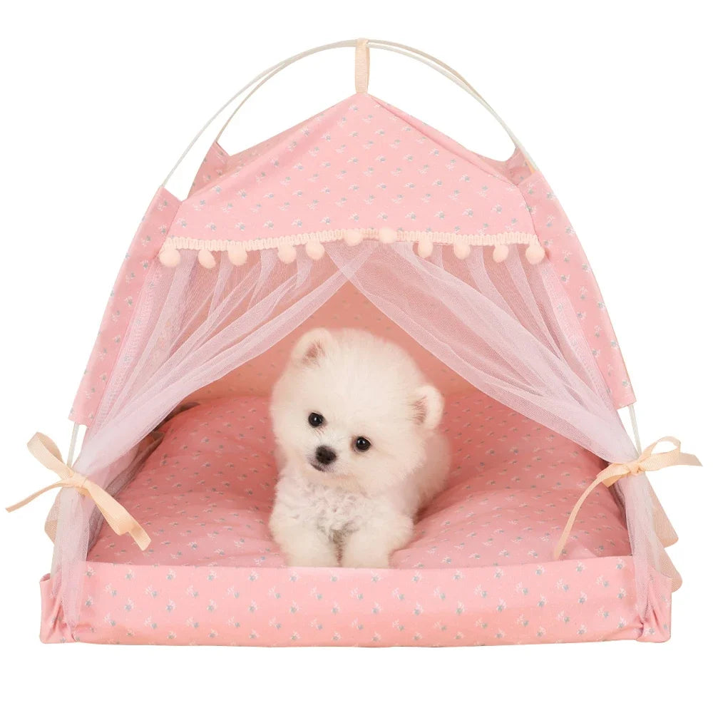 the PRINCESS PUPPY TENT - Pet Dog Tent House, Floral Print Enclosed Cat/Dog Tent Bed, Indoor Folding Portable Comfortable Kitten/Puppy Bed, Kennel for Small Pets