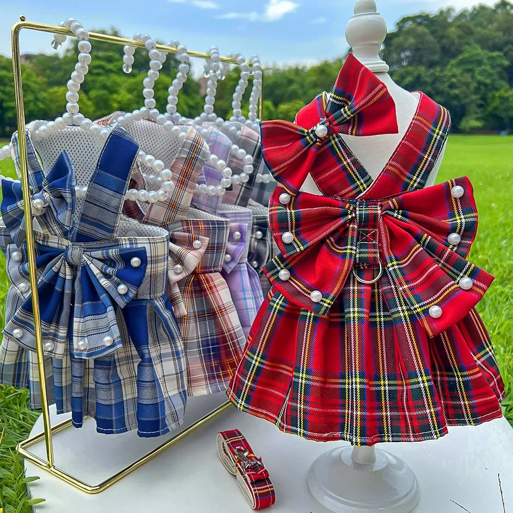 Pet Dog Cat JK Dresses Strap Bow Tie Harness Leash Dog Clothing Skirt Cat Pet Clothing Cosplay Christmas Checker Clothes