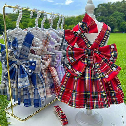 Pet Dog Cat JK Dresses Strap Bow Tie Harness Leash Dog Clothing Skirt Cat Pet Clothing Cosplay Christmas Checker Clothes