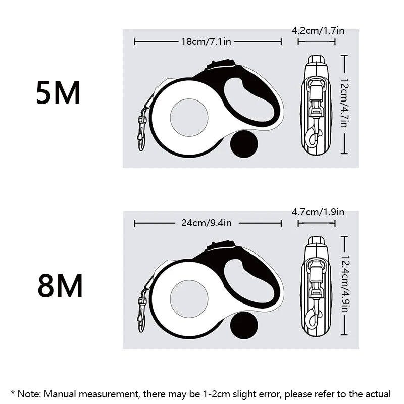 the TRAILMATE 3-IN-1 LEASH - 5M/8M Dog Leash with Poop Bag Dispenser, Automatic Roulette Tow Rope with Detachable LED Flashlight, Pet Puppy Collar Walking Lead