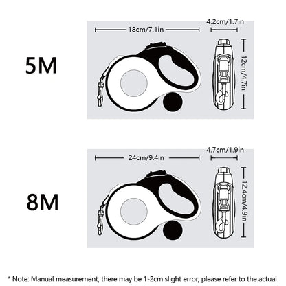 the TRAILMATE 3-IN-1 LEASH - 5M/8M Dog Leash with Poop Bag Dispenser, Automatic Roulette Tow Rope with Detachable LED Flashlight, Pet Puppy Collar Walking Lead