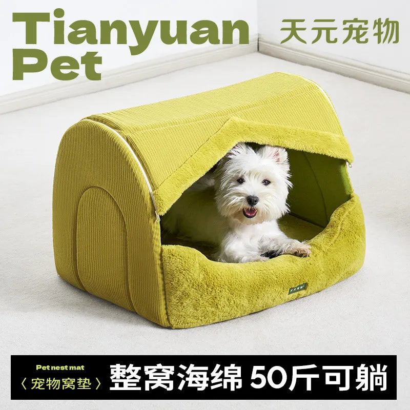 Dog Bed for Warmth in Winter, A Small Dog for A Sense of Security, and A Warm Dog House in Winter