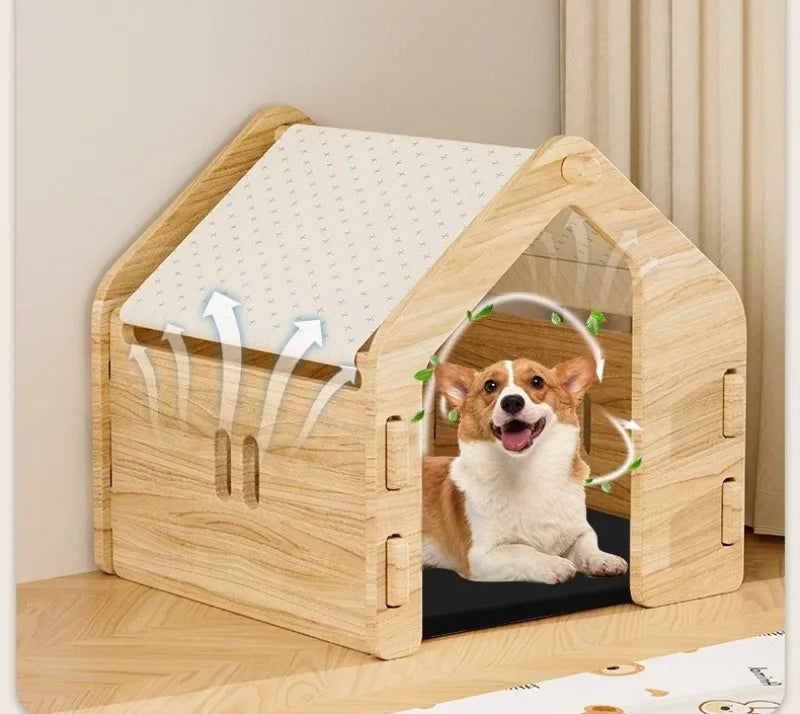 the MODERN DOG - Indoor Doghouse Bed, Solid Wood All Season Universal Dog/Cat House Villa, Breathable Large Space Puppy Crate, Portable Pet Tent