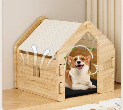 the MODERN DOG - Indoor Doghouse Bed, Solid Wood All Season Universal Dog/Cat House Villa, Breathable Large Space Puppy Crate, Portable Pet Tent