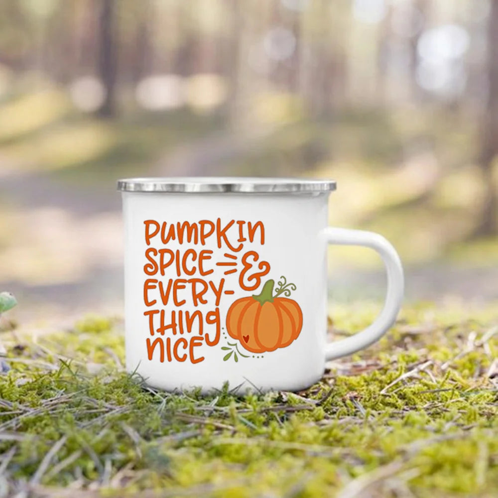 Pumpkin Leaves Dog Cat Printed Enamel Mugs Coffee Cups Fall Thanksgiving Party Wine Juice Mug Handle Cup Autumn Holiday Gifts