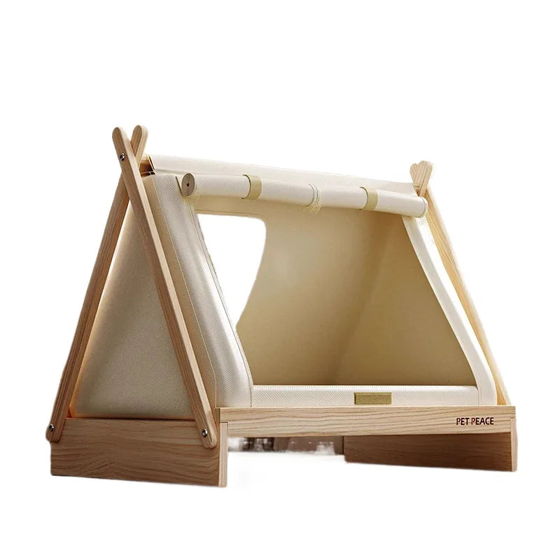 the POW-WOW PET BED - Wooden Oxford Cloth Dog Bed, Elevated Moisture-Proof Tent, Enclosed Safety House All-Season Dog Shelter with Frame Support