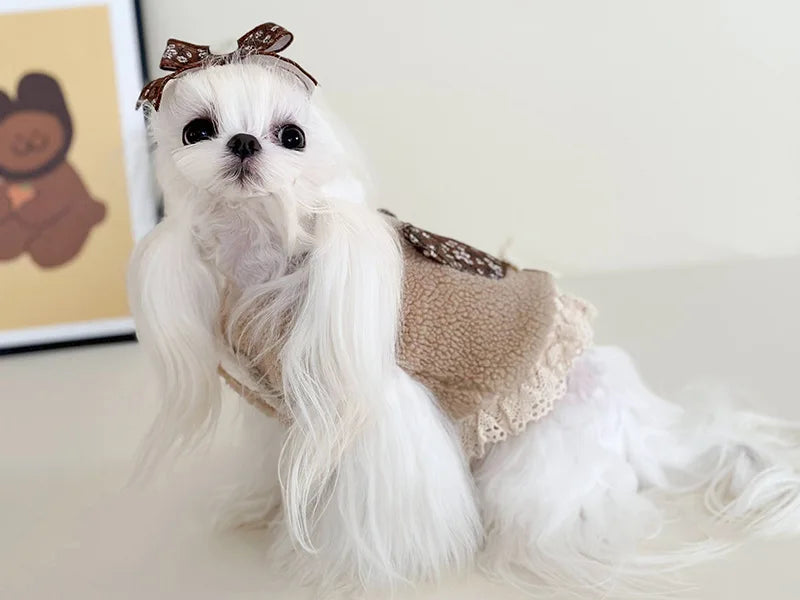Pet Flower Plush Coat Dog Flower Cake Skirt Cute Dog Plush Hat Dog Clothes Winter Bear Flower Plush Thick Vest Coat Bottom Skirt