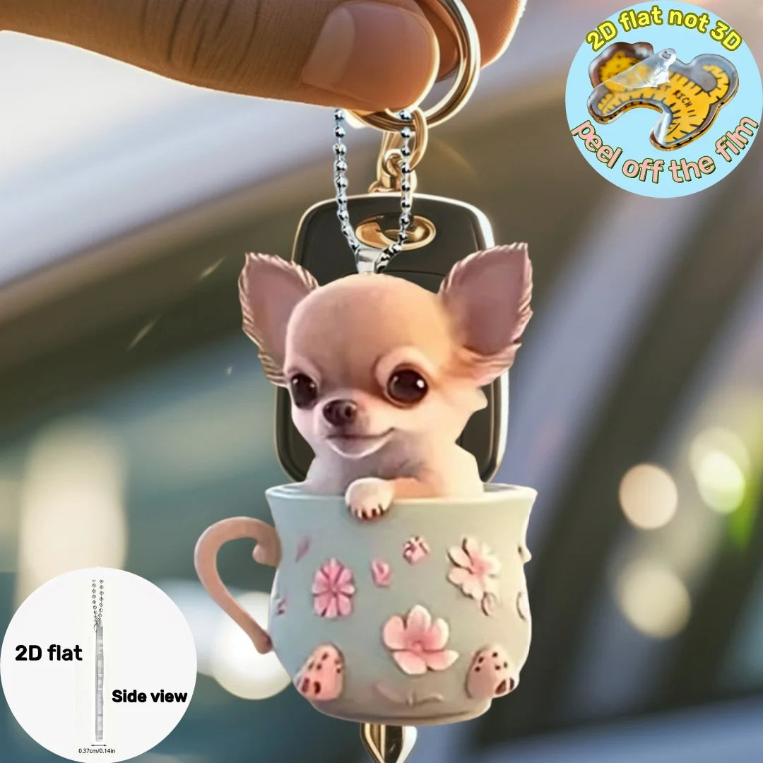 2D Chic Chihuahua Keychain Puppy in Tea Cup Pendant Ornament Acrylic Charm For Christmas ,Backpack,Bag,Home,Festive,Gift&Decor