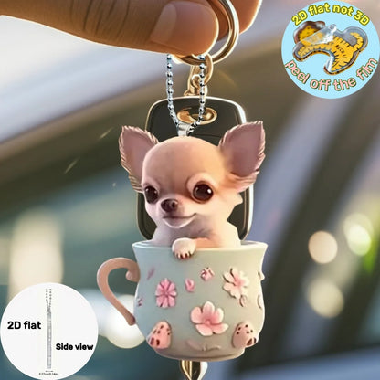 2D Chic Chihuahua Keychain Puppy in Tea Cup Pendant Ornament Acrylic Charm For Christmas ,Backpack,Bag,Home,Festive,Gift&Decor
