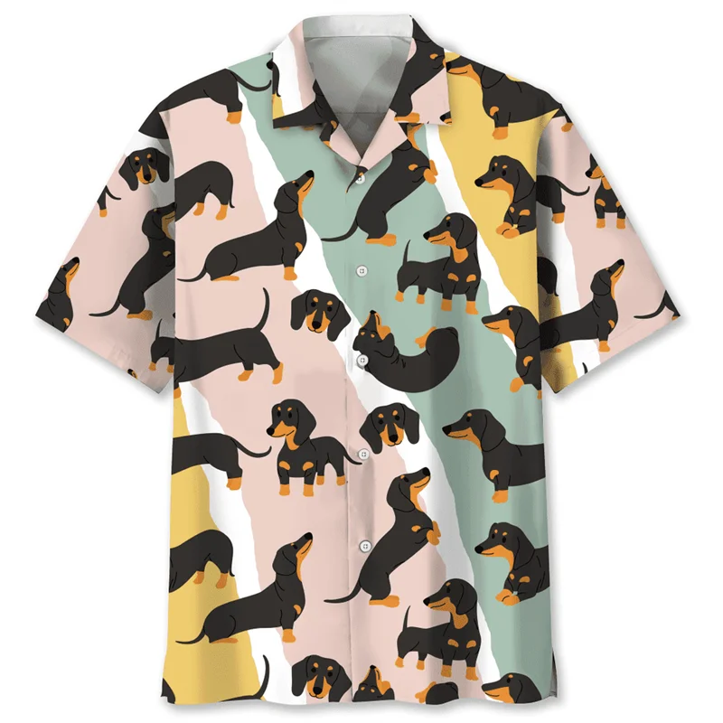 the DACHSHUND DOG DAY - Cartoon Dachshund Dog 3D Printed Shirt for Men, Animal Pets Graphics Short Sleeves Hawaiian Shirts, Tops Loose Lapel Blouse