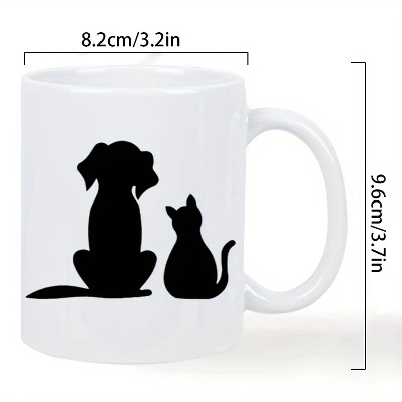 Cute Dog & Cat Silhouette Ceramic Mug - White Reusable Coffee Cup with Black Pet Design, Hand Wash Only, Perfect Gift for Pet Lo