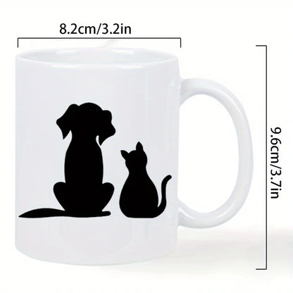 Cute Dog & Cat Silhouette Ceramic Mug - White Reusable Coffee Cup with Black Pet Design, Hand Wash Only, Perfect Gift for Pet Lo