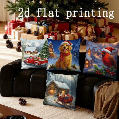 Home Decor Christmas Scenes: Dog, Bird, Cabin Pillow Covers Pattern Cushion Cover Suitable for Sofa Bedroom Car Pillow Cover