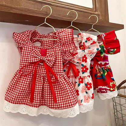 Summer Pet Dress Floral Pattern Plaid Skirts Cat Princess Dresses Chihuahua Yorkie Sweet Skirts Puppy Dog Costume Pet Supplies