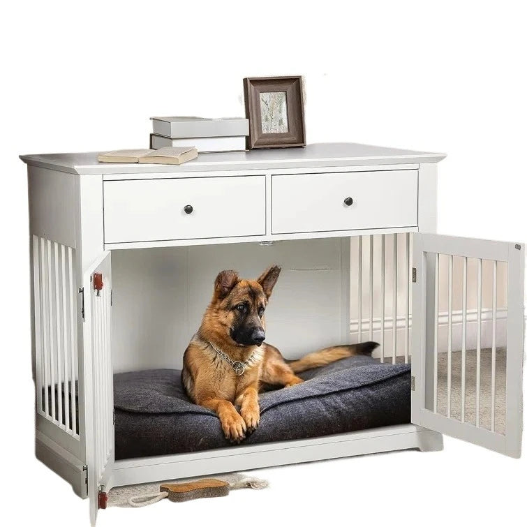 the TABLE CRATE - Dog Crate Indoor Doghouse with Two Doors and Lock, With Storage Drawers and Large Tabletop Dog Cages