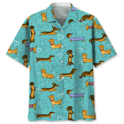 the DACHSHUND DOG DAY - Cartoon Dachshund Dog 3D Printed Shirt for Men, Animal Pets Graphics Short Sleeves Hawaiian Shirts, Tops Loose Lapel Blouse