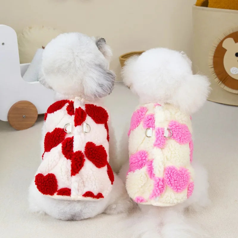 Thicken Sleeveless Dog Clothes Winter Jacket Warm Pink Red Fleece Heart Pet Clothes For Small Dog Vest Jacket Outfits Puppy Coat