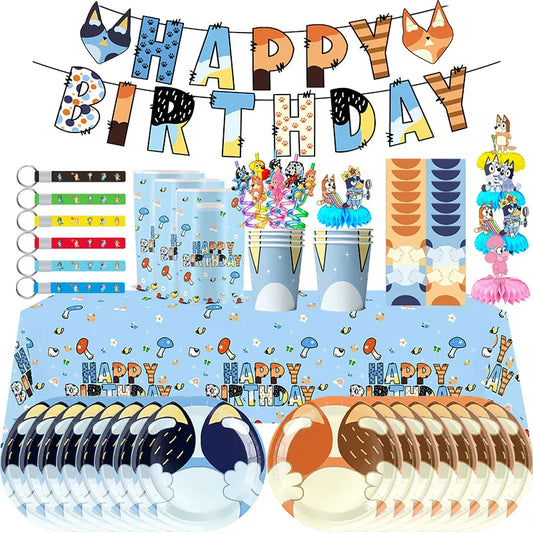 Cartoon Blue Dog Birthday Bluey Birthday Decoration Set Blueys Cups Banner Straws Bluey Balloons Set Kid Toy Gift Party Supplies