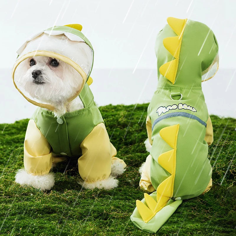 the DINO-DOG - Cute Dinosaur Raincoat Leashable Bichon Frise Four Legs Waterproof Clothes, Pet Rain Reflective Hoodie