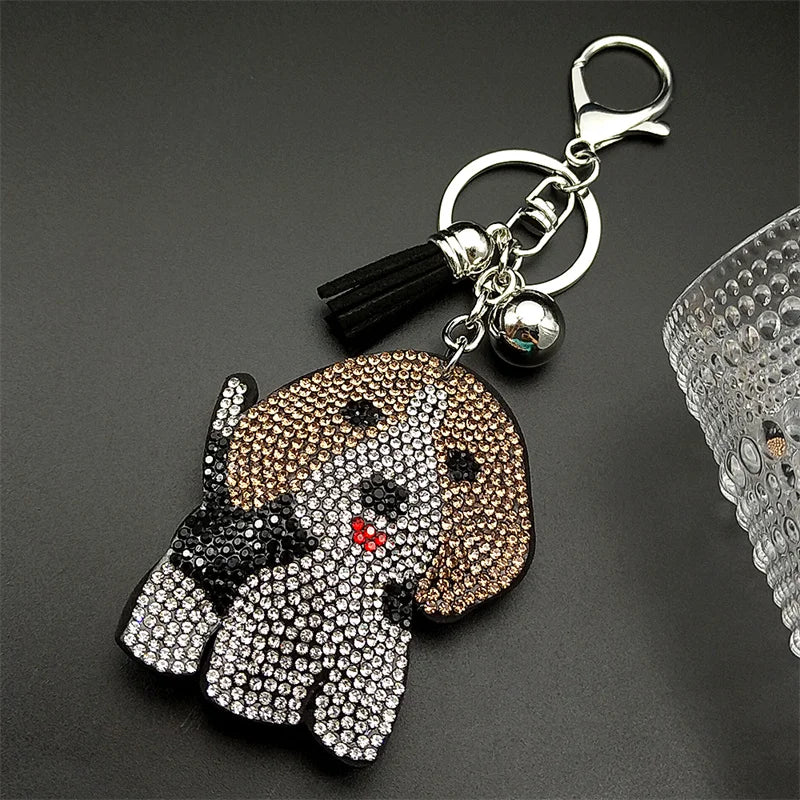 Lovely Beagle Doggie Keyholder For Women Men Full Crystal Blingbling Tassel Animal Bag Hanging Dog Pup Cute Keyring Jewelry