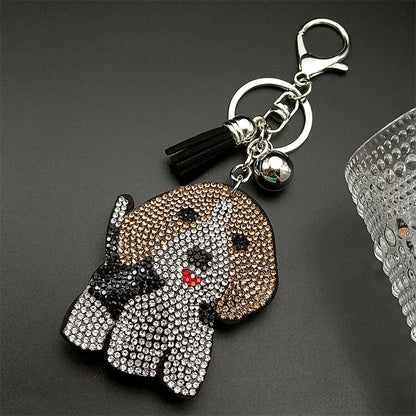 Lovely Beagle Doggie Keyholder For Women Men Full Crystal Blingbling Tassel Animal Bag Hanging Dog Pup Cute Keyring Jewelry
