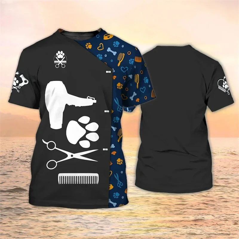 the DOG BARBER - 3D Print Puppy Groomer T-Shirt for Men, Scissors Pattern Tee, Fashion Summer O-Neck Women Oversized Short Sleeve T-Shirts