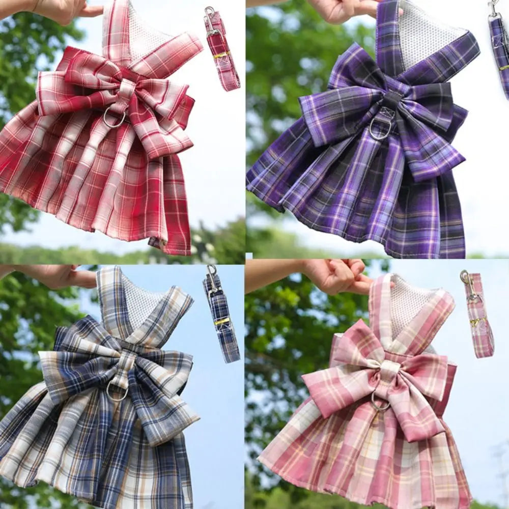 Reusable with Leash Traction Dog Plaid JK Dress Thin Dacron Pet Harness Skirt Washable Comfortable Dog Bow Skirt Puppy