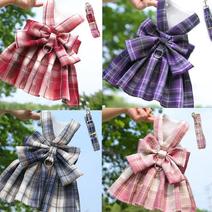 Reusable with Leash Traction Dog Plaid JK Dress Thin Dacron Pet Harness Skirt Washable Comfortable Dog Bow Skirt Puppy