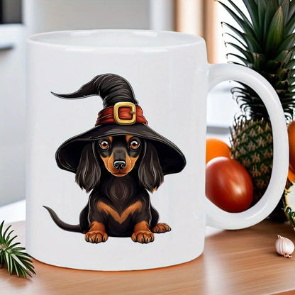 Cute Witch Hat Dachshund Ceramic Mug - Halloween-Themed Coffee Cup with Red & Black Hat, Perfect Gift for Dog Lovers, Hand Wash
