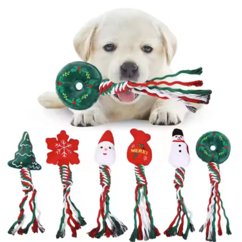 Christmas Themed Interactive Chew Toy for Dogs And Cats - Cute Squeaky Cotton Rope Knot Molar Bite Toy Funny Puppy Xmas Gift