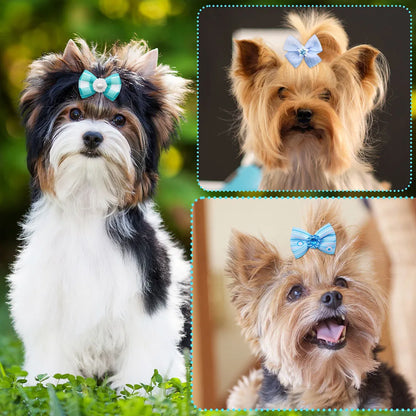 the BLUE GEM BOWKNOTS - Small Dog Bows, 10/20PCS Movable Dog Bows with Rubber Bands, Pet Hair Accessories for Dogs, Blue Series Pet Bowknots, Dog Supplies