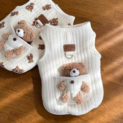 Winter New INS Cotton Dog Clothes Pocket Little Bear Cotton Jacket Vest Chest Back Pet Dog Cat Warm Printed Bear Sleeveless
