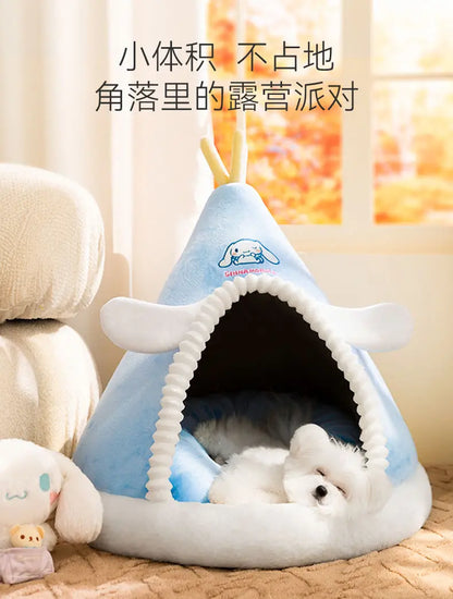 Kawaii Sanrio Cinnamoroll Dog Beds Cute Cat Mats Kennel Winter Warm Enclosed Safe House Removable Washable Sleeping Mat