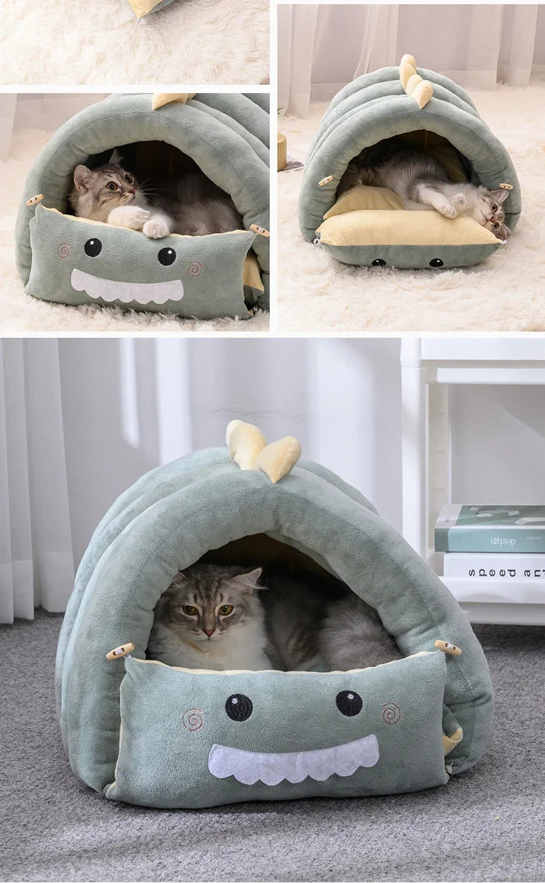 2 In1 Dinosaur Pet Dog House Foldable Cat for Small Dogs Bed Winter Warm Puppy Pads Sofa Removable Sleeping Kennel Nest Products