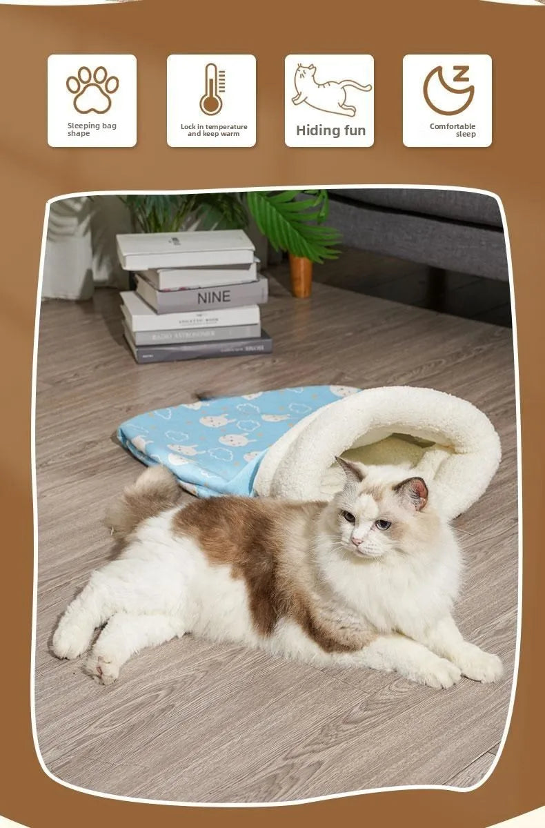 Cat Nest Winter Warmth Semi Enclosed Cat Sleeping Bag Nest Deep Sleep Designed for Cats Bedding Cat Mat Pet Universal